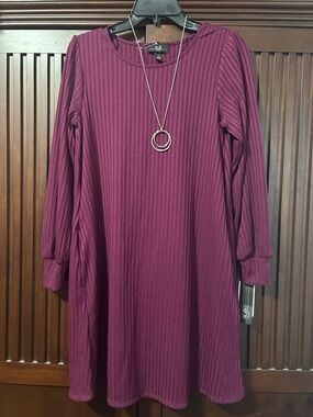 AGB Plum Ribbed Long-Sleeve A-Line Dress